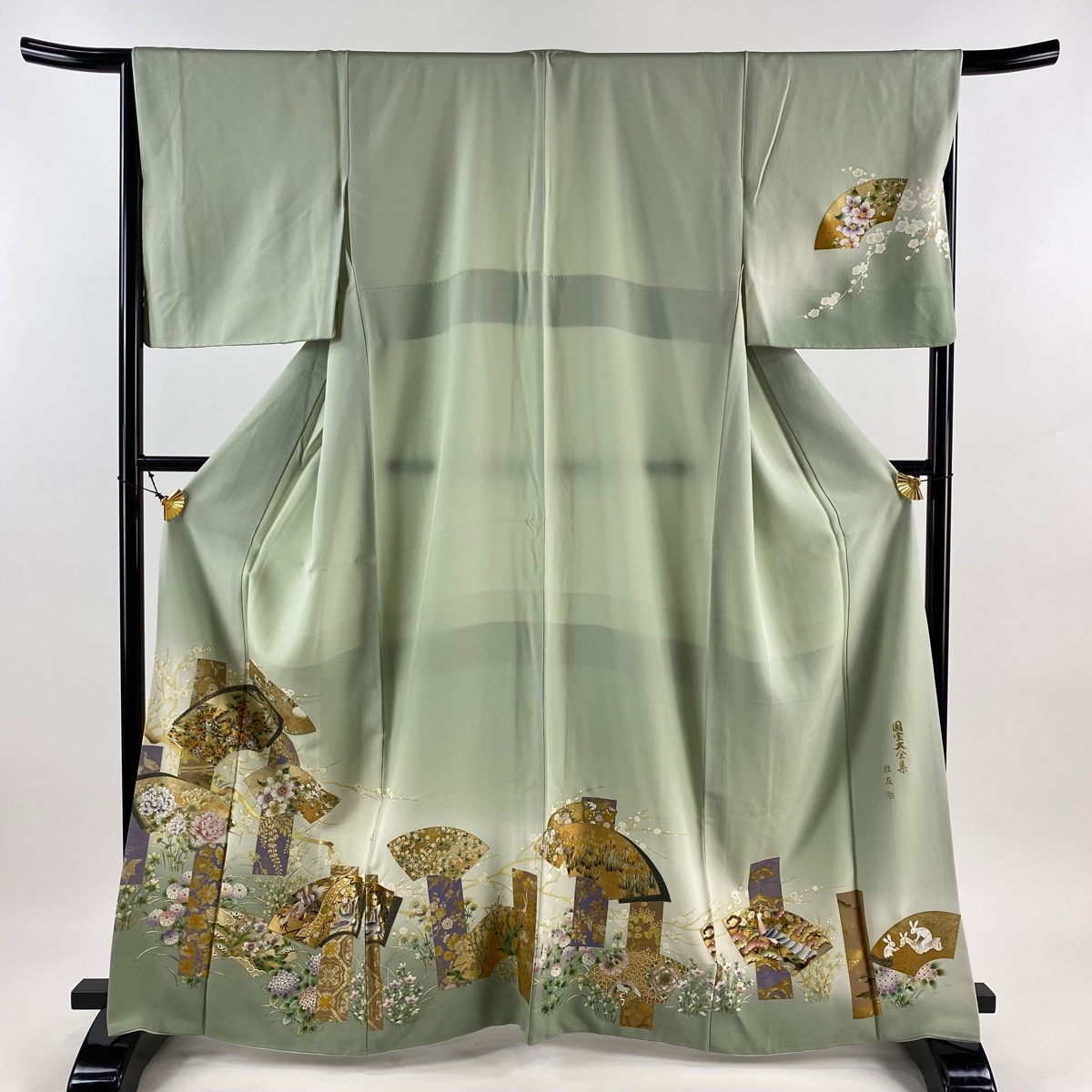 訪問着 身丈164cm 裄丈65.5cm M 袷 落款 扇面 花鳥 金銀彩 ぼかし 薄緑 正絹 秀品 【中古】拍卖