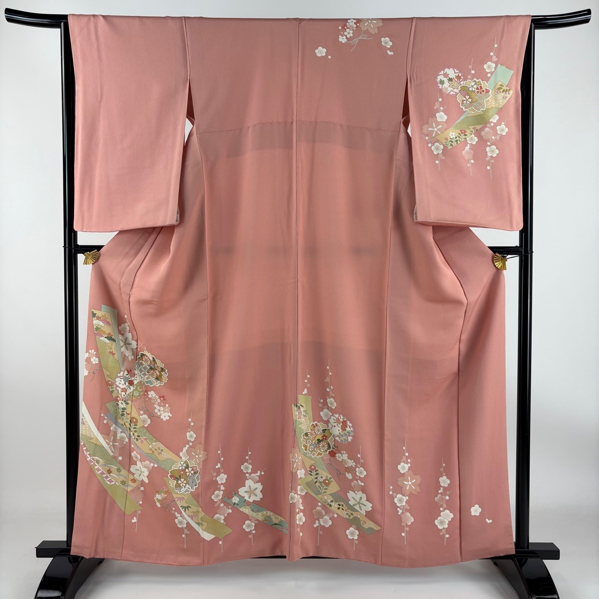 訪問着 身丈161cm 裄丈64.5cm M 袷 桜 短冊 金彩 ピンク 正絹 秀品 【中古】拍卖