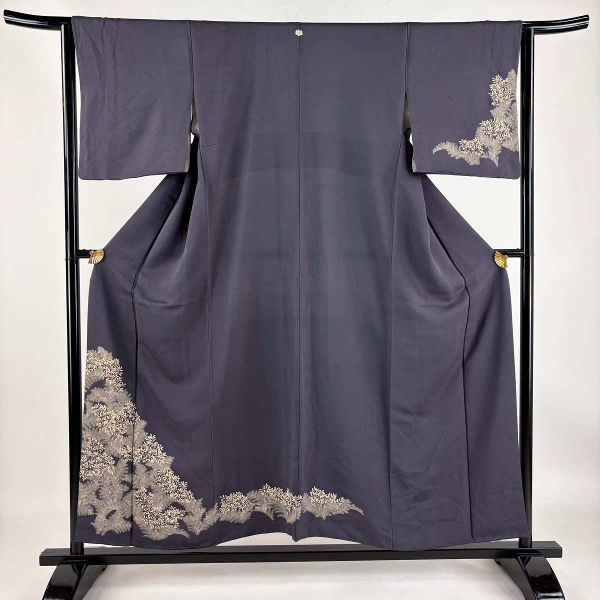 訪問着 身丈154.5cm 裄丈63cm S 袷 葉 金彩 灰色 正絹 秀品 一つ紋 【中古】拍卖