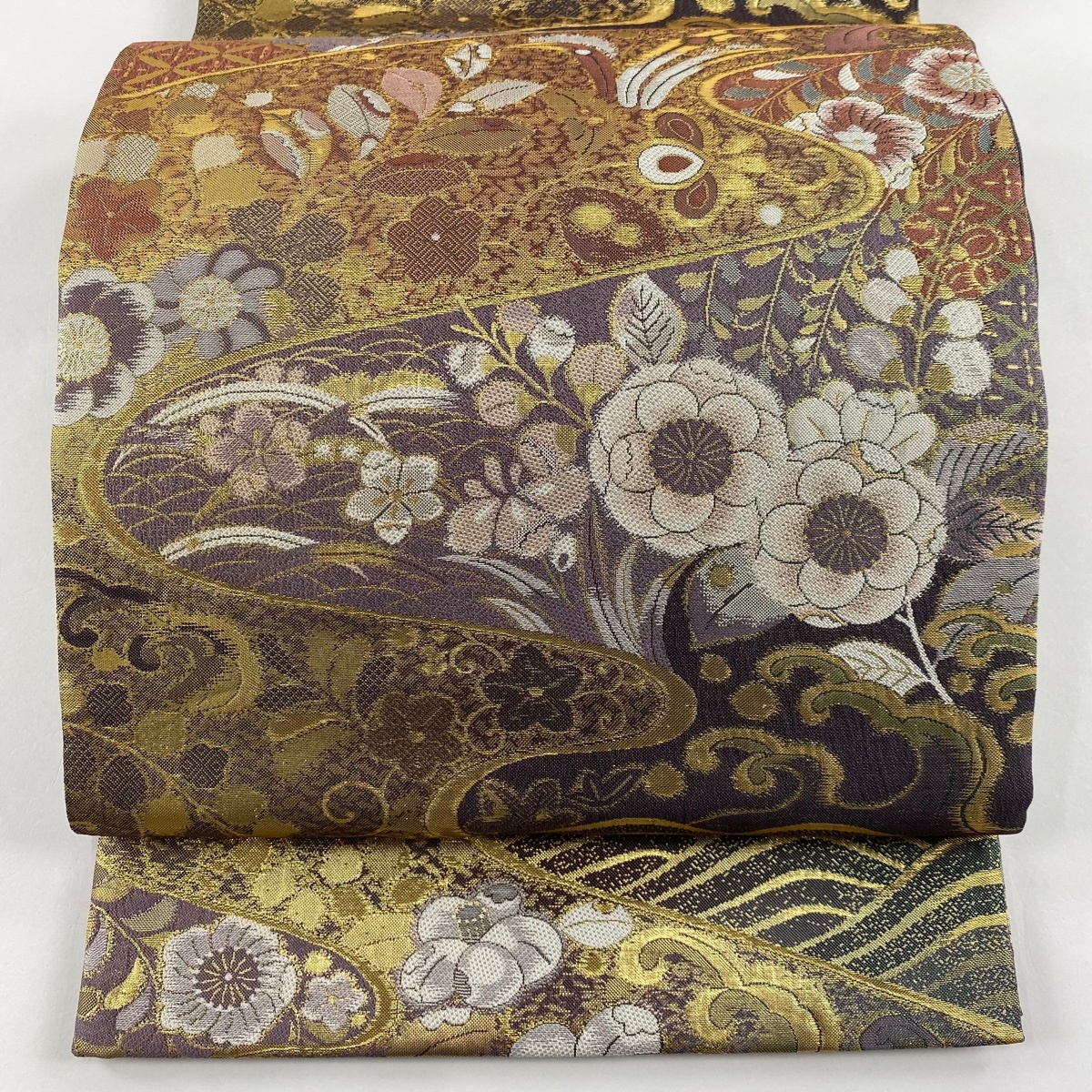 袋帯 美品 秀品 やまと 草花 流水 箔 薄紫 六通 正絹 【中古】拍卖