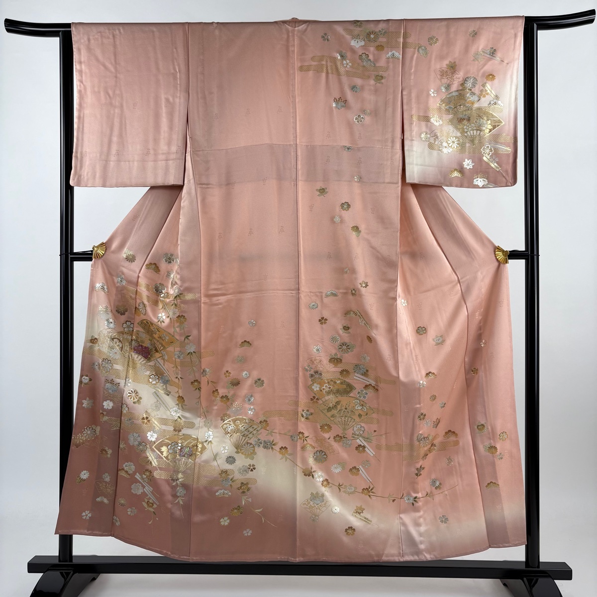 訪問着 身丈155cm 裄丈63cm S 単衣 枝垂れ桜 扇 金銀彩 ぼかし ピンク 正絹 秀品 【中古】拍卖