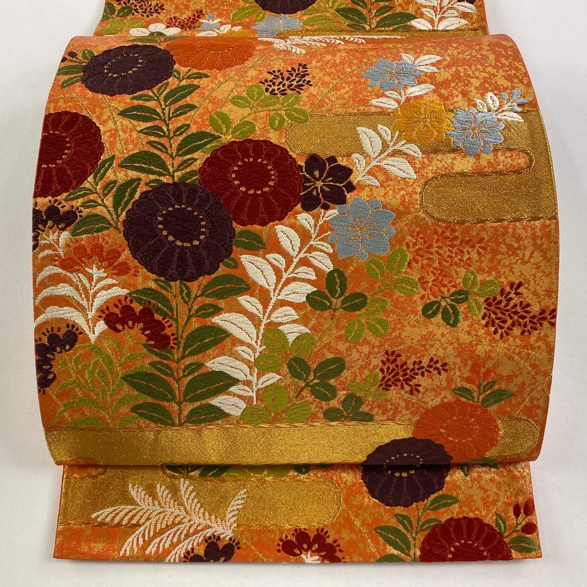 袋帯 逸品 河合美術織物 落款 秋草 ヱ霞 金糸 唐織 オレンジ 六通 正絹 【中古】拍卖