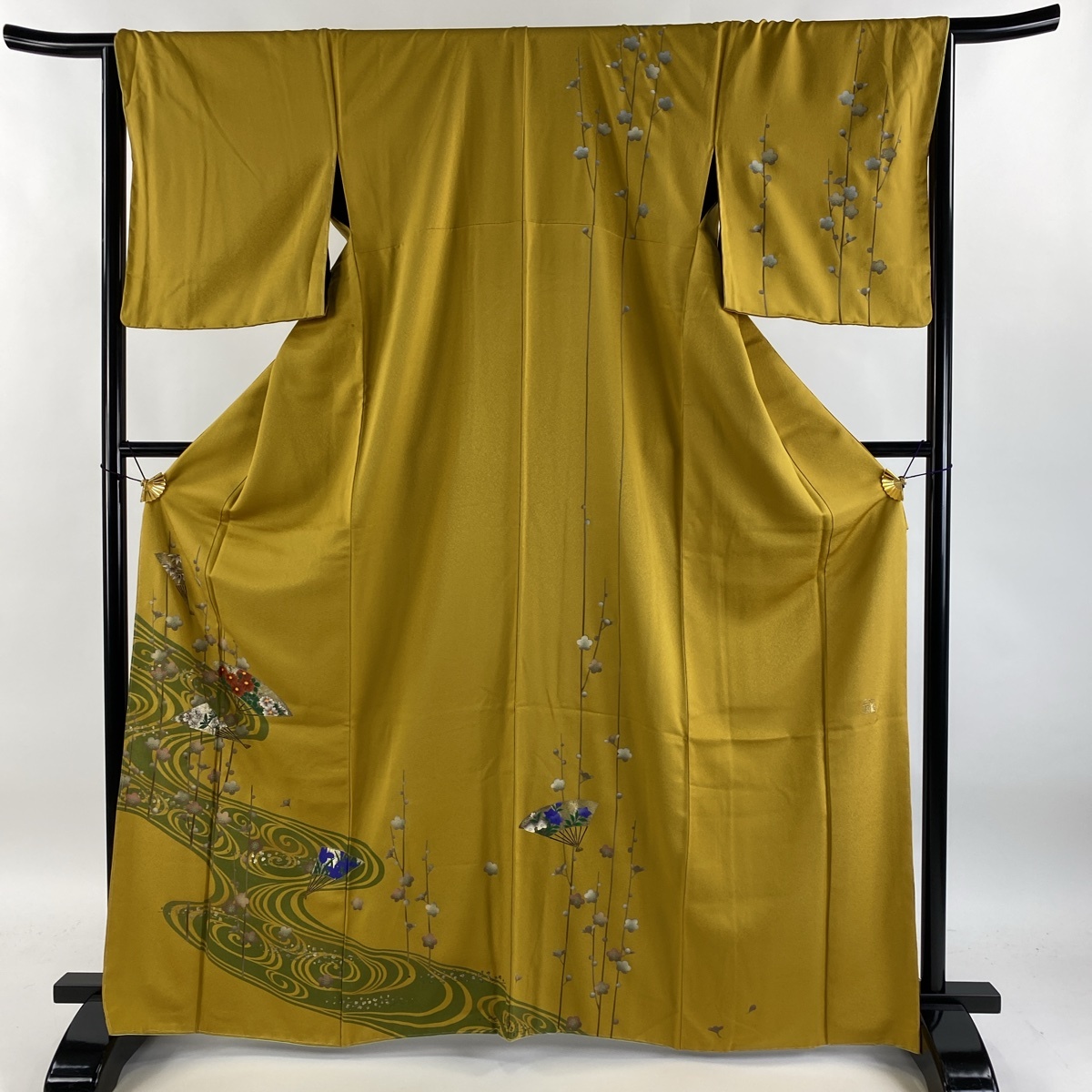 訪問着 身丈165cm 裄丈66.5cm M 袷 落款 枝梅 扇 金銀彩 山吹色 正絹 秀品 【中古】拍卖