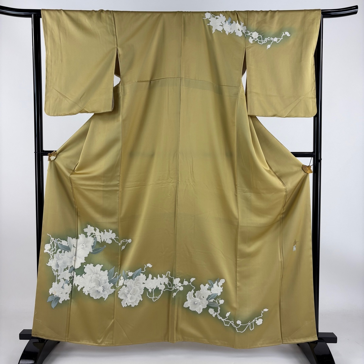 訪問着 身丈162cm 裄丈65.5cm M 袷 落款 草花 ぼかし からし色 正絹 秀品 【中古】拍卖