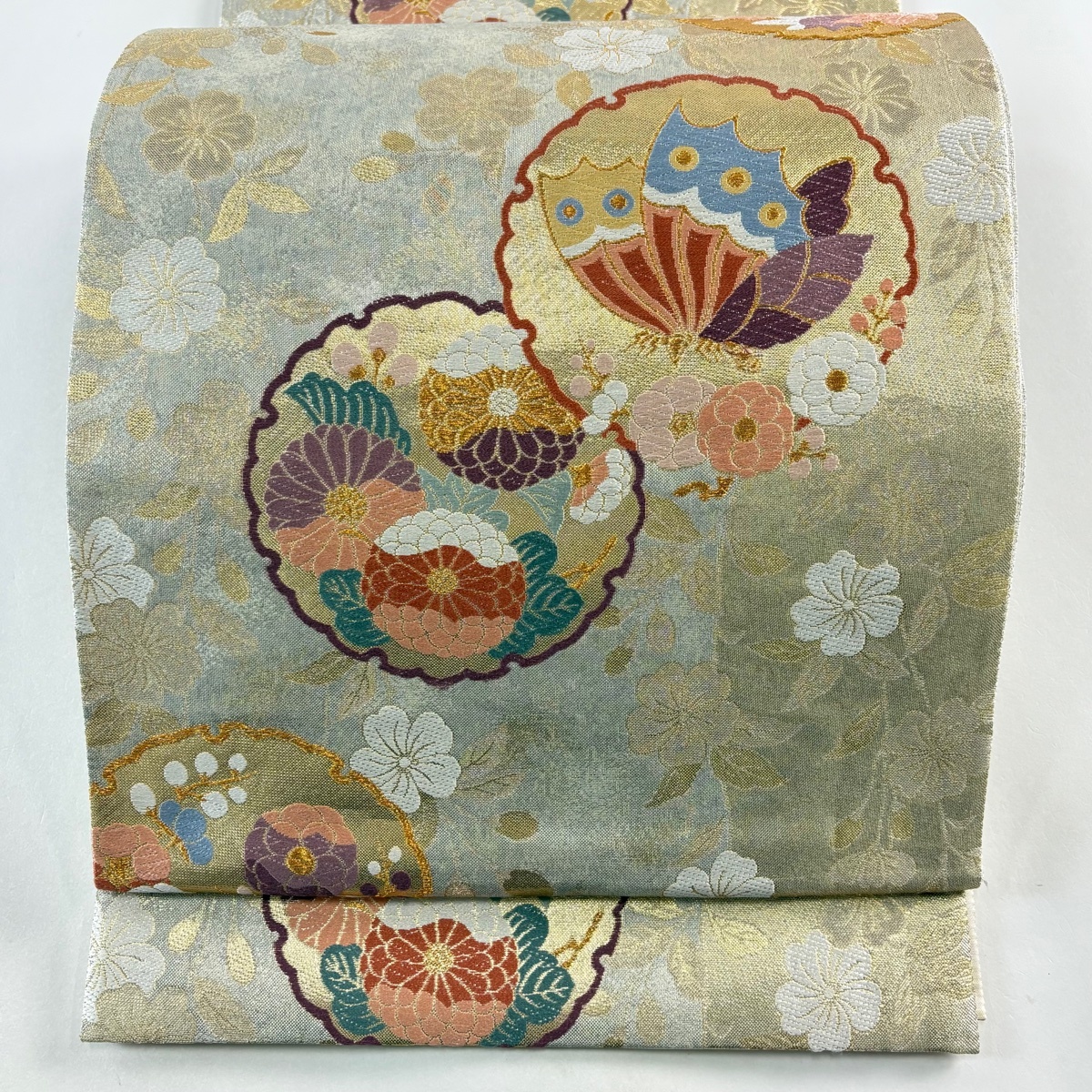 袋帯 秀品 雪輪 蝶 唐織 箔 銀色 六通 正絹 【中古】拍卖