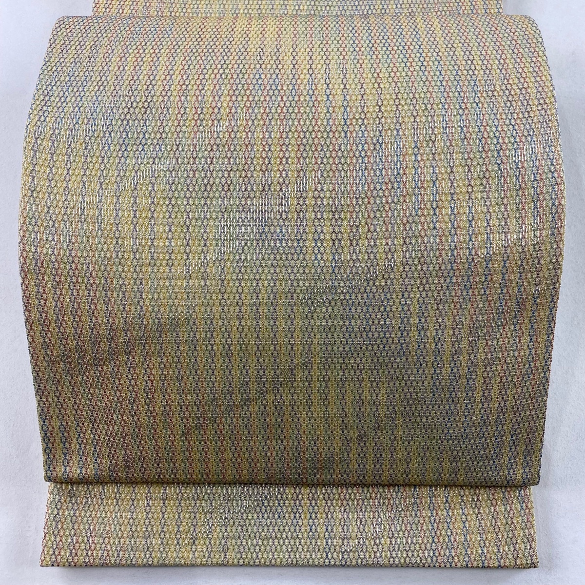 袋帯 美品 秀品 幾何学模様 銀糸 ベージュ 全通 正絹 【中古】拍卖