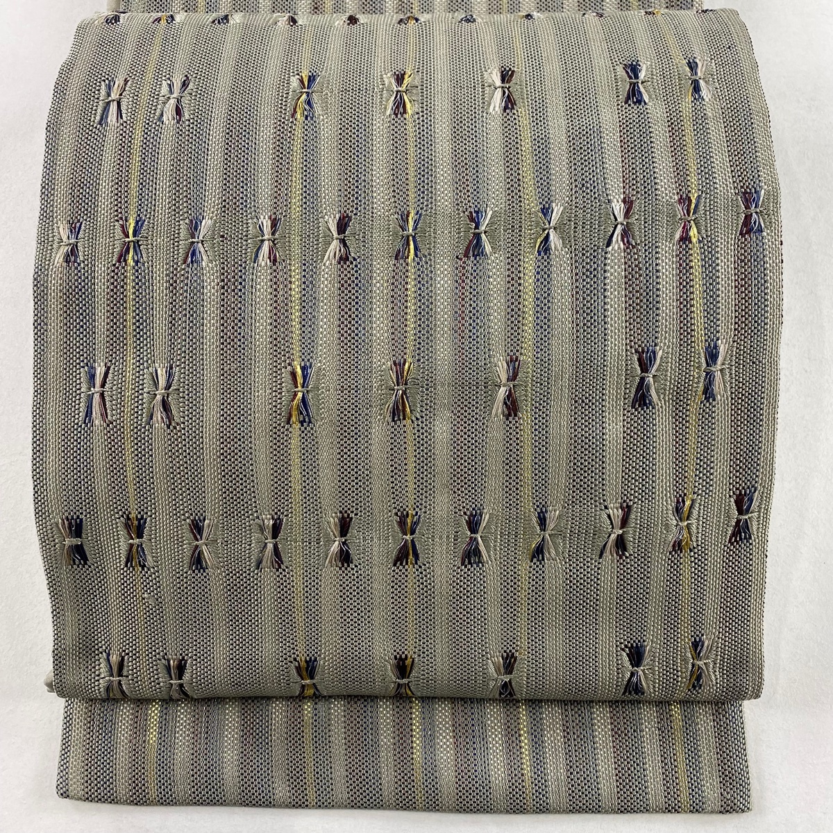 袋帯 秀品 縞 幾何学 金銀糸 灰緑 お太鼓柄 正絹 【中古】拍卖