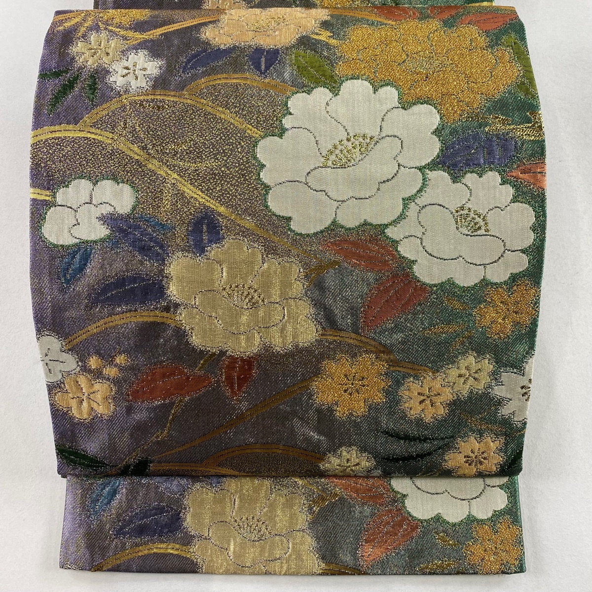 袋帯 秀品 椿 桜 金糸 箔 薄緑 六通 正絹 【中古】拍卖