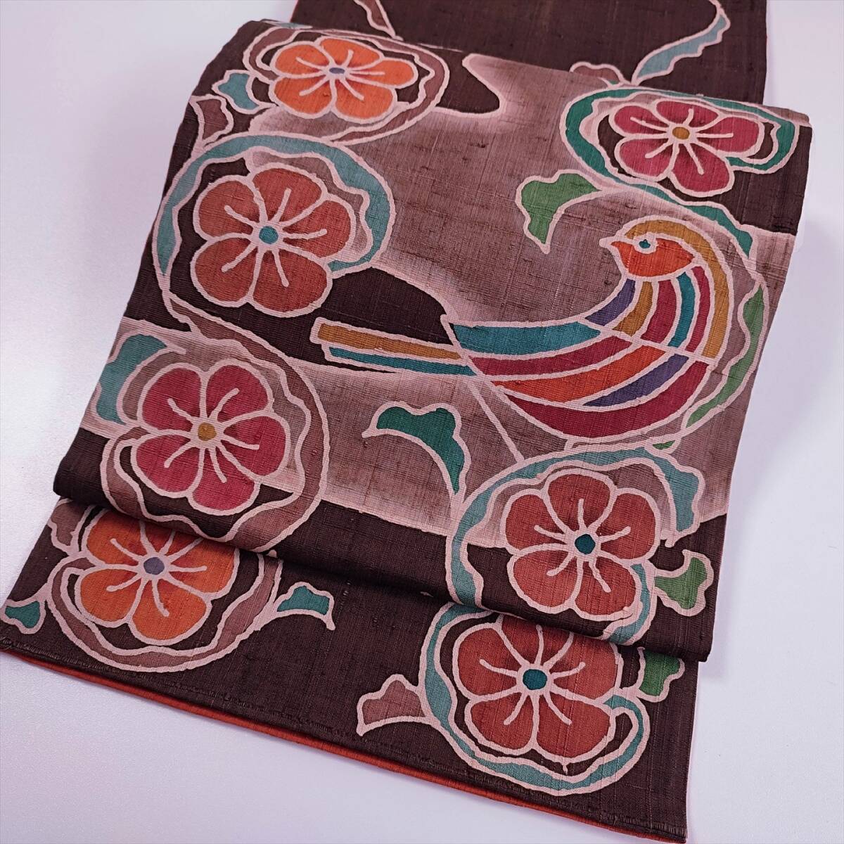 即決■着物の越田■幅31.5長さ447.5 紬 袋帯 洒落袋 長尺 柔らかい帯 鳥 花 かわいい お太鼓柄 ■み07J07拍卖