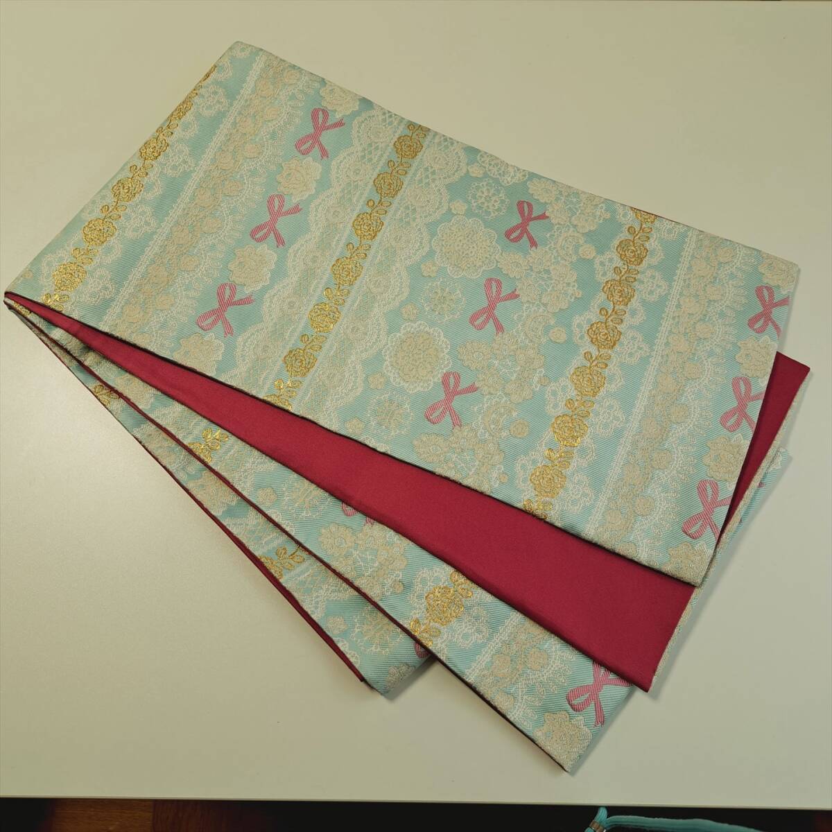 即決■着物の越田■幅31.5長さ439 正絹 袋帯 洒落袋 バラ リボン レース かわいい ラブリー 渡辺麻友 六通 金糸あり 似吾◇み11J01拍卖