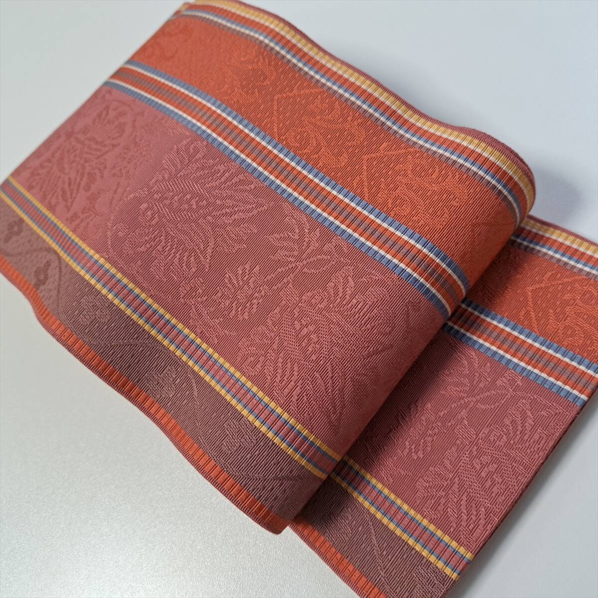 ■着物の越田■幅15長さ337.5 正絹 半幅帯 仕立て上がり 博多織 浴衣にも 普段着にも 花唐草 縞 ■へ28J04拍卖