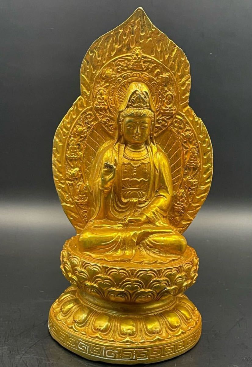 仏教美術 古玩 乾隆年製刻銘 純銅製塗金錯金観音坐禅像 万佛帰壹 高さ17.5cm 幅9.5cm 重さ816g 収蔵品放出 仏像 銅製 仏教美術拍卖