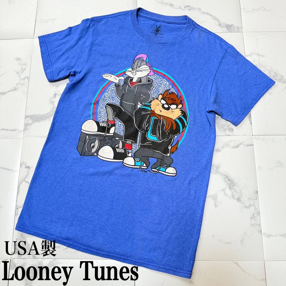 90s USA製 Looney Tunes ルーニーテューンズ バッグス・バニー タズマニアン・デビル 半袖 Tシャツ ブルー S 古着 ヴィンテージ アメコミ拍卖