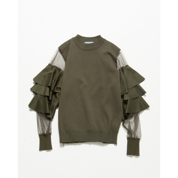 NATURAL GIRL Milano ナチュラルガール ミラノ フリル袖モックネックニットプルオーバー オリーブグリーン w0054-02-007拍卖