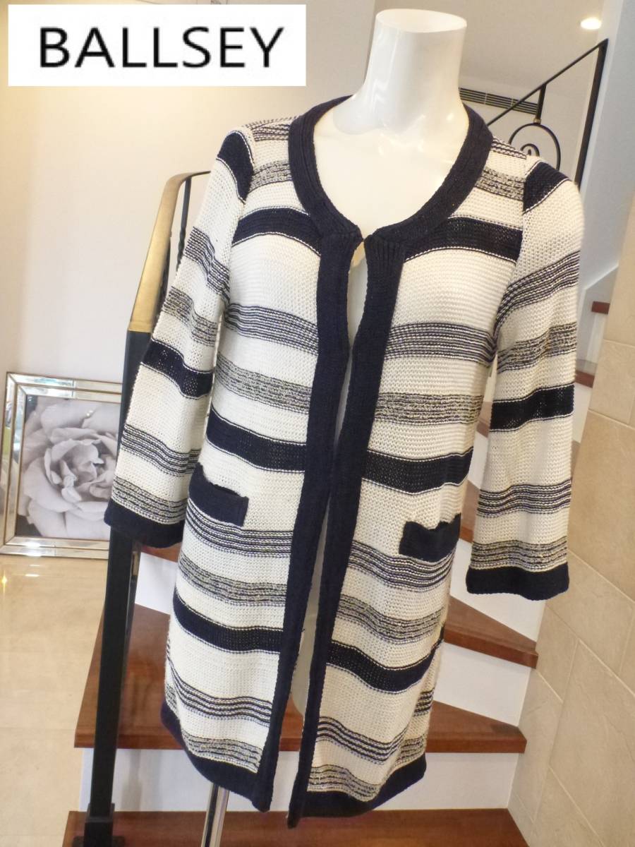 2.6万 美品 BALLSEY(ボールジィ)★ボルジー 紺×白 ロングカーディガン 38 M相当 トゥモローランド拍卖