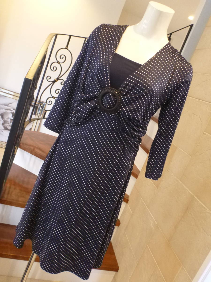 新品 Tiaclasse ティアクラッセ ★紺×白 ドット柄 ワンピース M拍卖