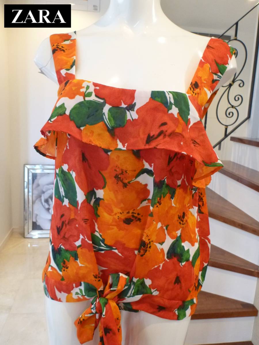 超美品 ZARA BASIC(ザラベーシック) 赤×オレンジ×緑×花柄 ノースリーブシャツ M拍卖
