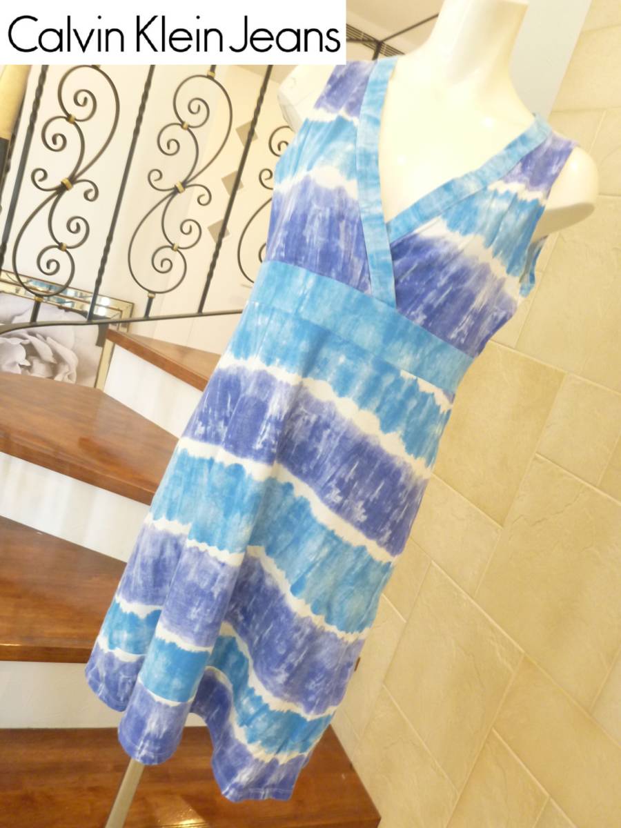 美品 Calvin Klein Jeans( カルバンクライン ジーンズ) ★ブルーグラデーション リゾート ワンピース M相当拍卖