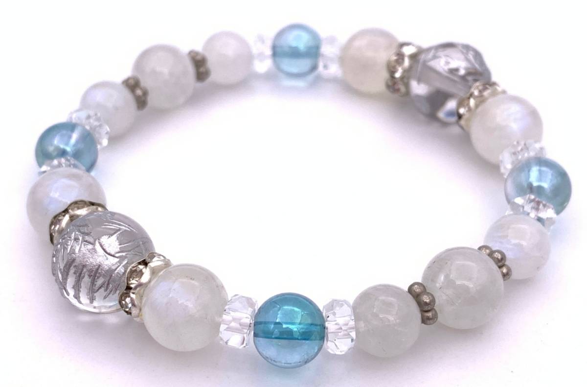 天然石水晶銀彫り青龍12mm玉&ムーンストーン&アクアオーラブルーのブレスレット拍卖