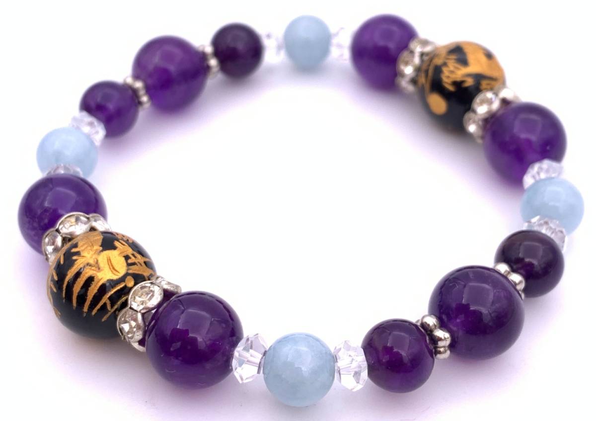 天然石彫りオニキス金彫り青龍12mm玉&アメジスト&アクアマリンのブレスレット拍卖