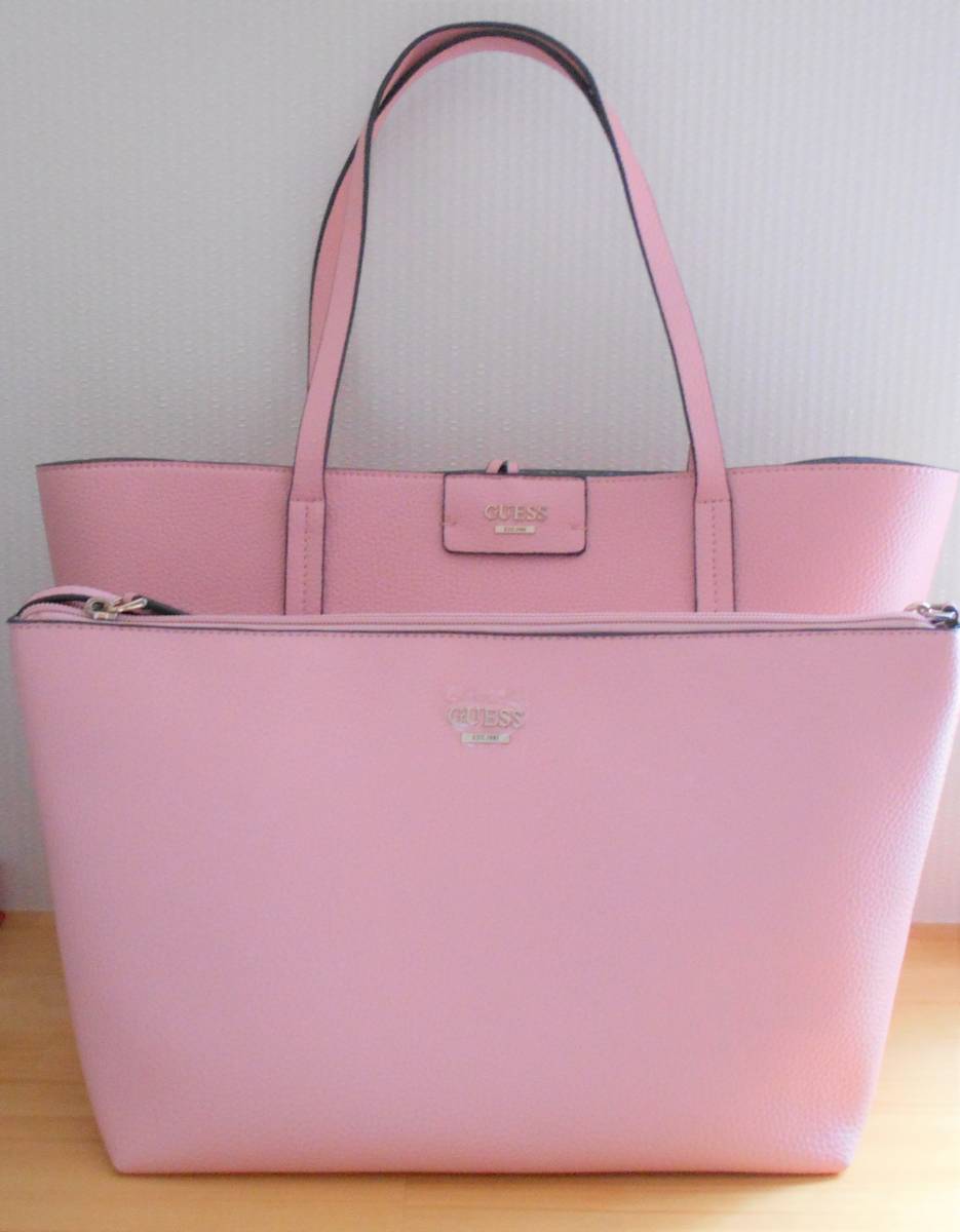 【新品】特価 GUESS レディース トートバッグ ショルダーバッグ 2点セット リバーシブル ピンク×シルバー拍卖
