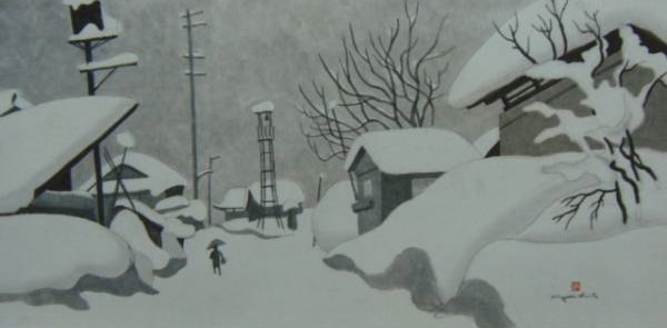 斎藤清、【会津の冬(97)金山町 大志】、希少な大判額装用画集より、美品、新品額装付、送料込み拍卖