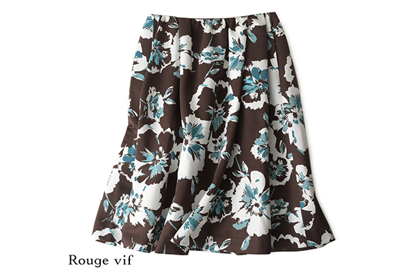 ★ルージュヴィフ★ Rouge vif 美品 フラワープリント ギャザースカート サイズ36(9号)ブラウン×グリーン、オフホワイト 拍卖