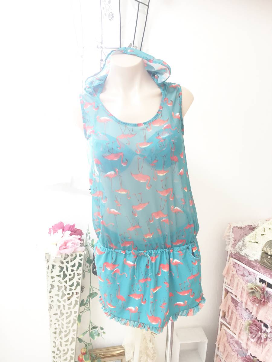 ●レディス水着Lサイズ●ワイヤービキニ/メッシュラッシュガード水着サロペットパーカー:フラミンゴ柄拍卖