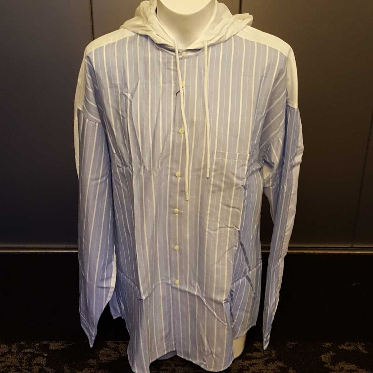 ★【新品】ZARA 長袖シャツ フーディーシャツ ストライプ 水色 白 男女兼用拍卖