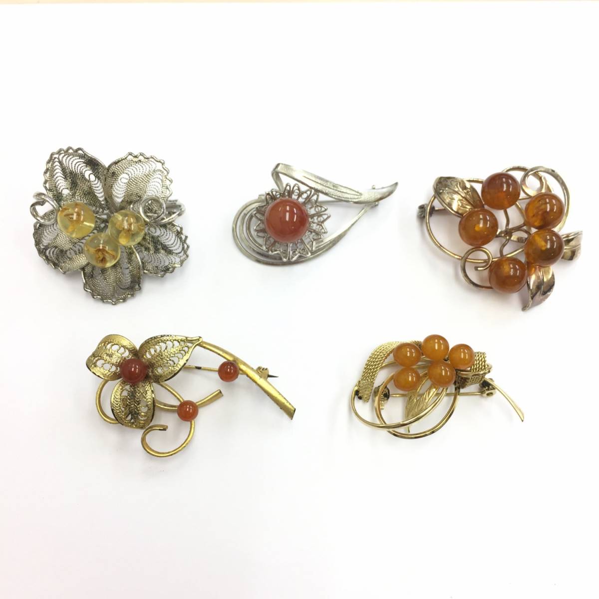 【ブローチ】5個セット 草木のようなデザイン アールヌーボー調 ビンテージ調 アンティーク調 レトロ モダン ゴールド シルバー 金色 銀色拍卖