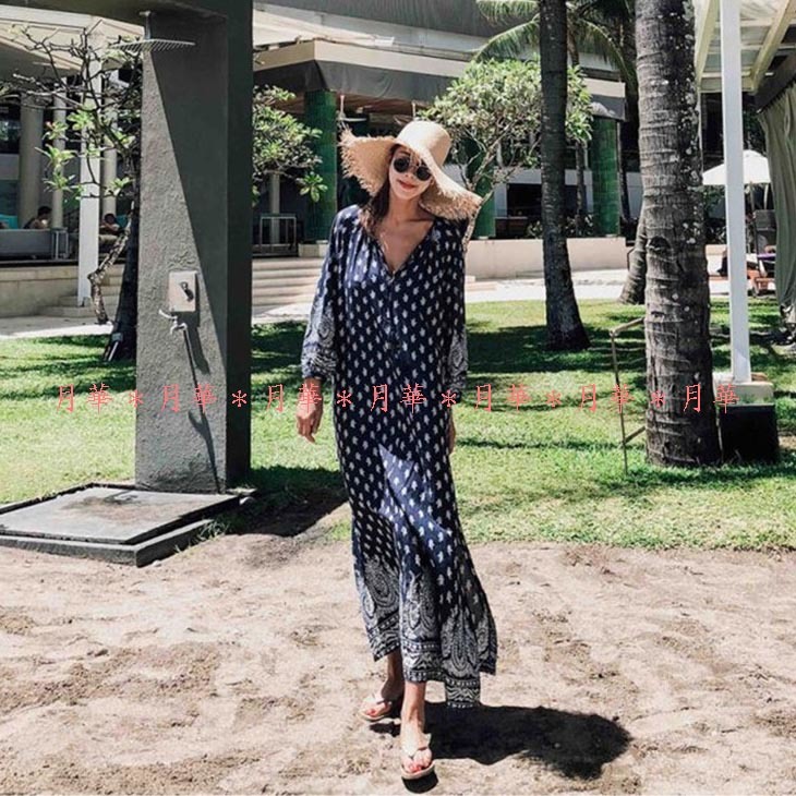 ワンピース 新品 即納 ネイビー F 柄 スリット Vネック 058486 マキシ ロング マキシ丈拍卖