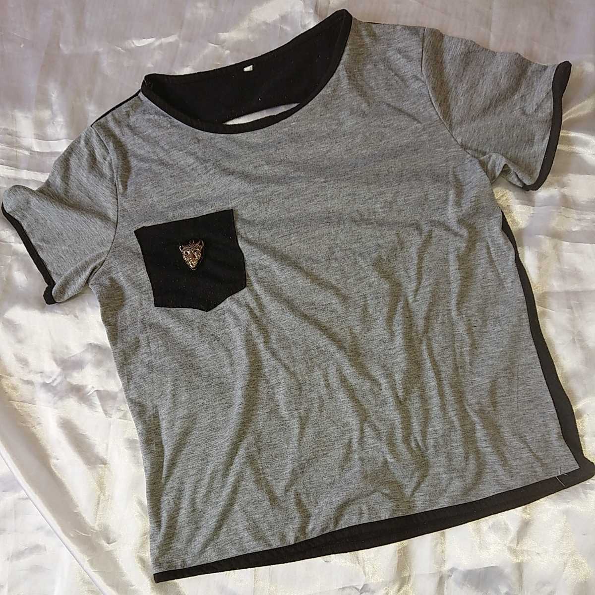 ゴールドタイガーアクセサリー付き バッククラッシュ ダメージ加工 バイカラー半袖Tシャツ M グレー 黒 ブラック セクシー 韓国拍卖