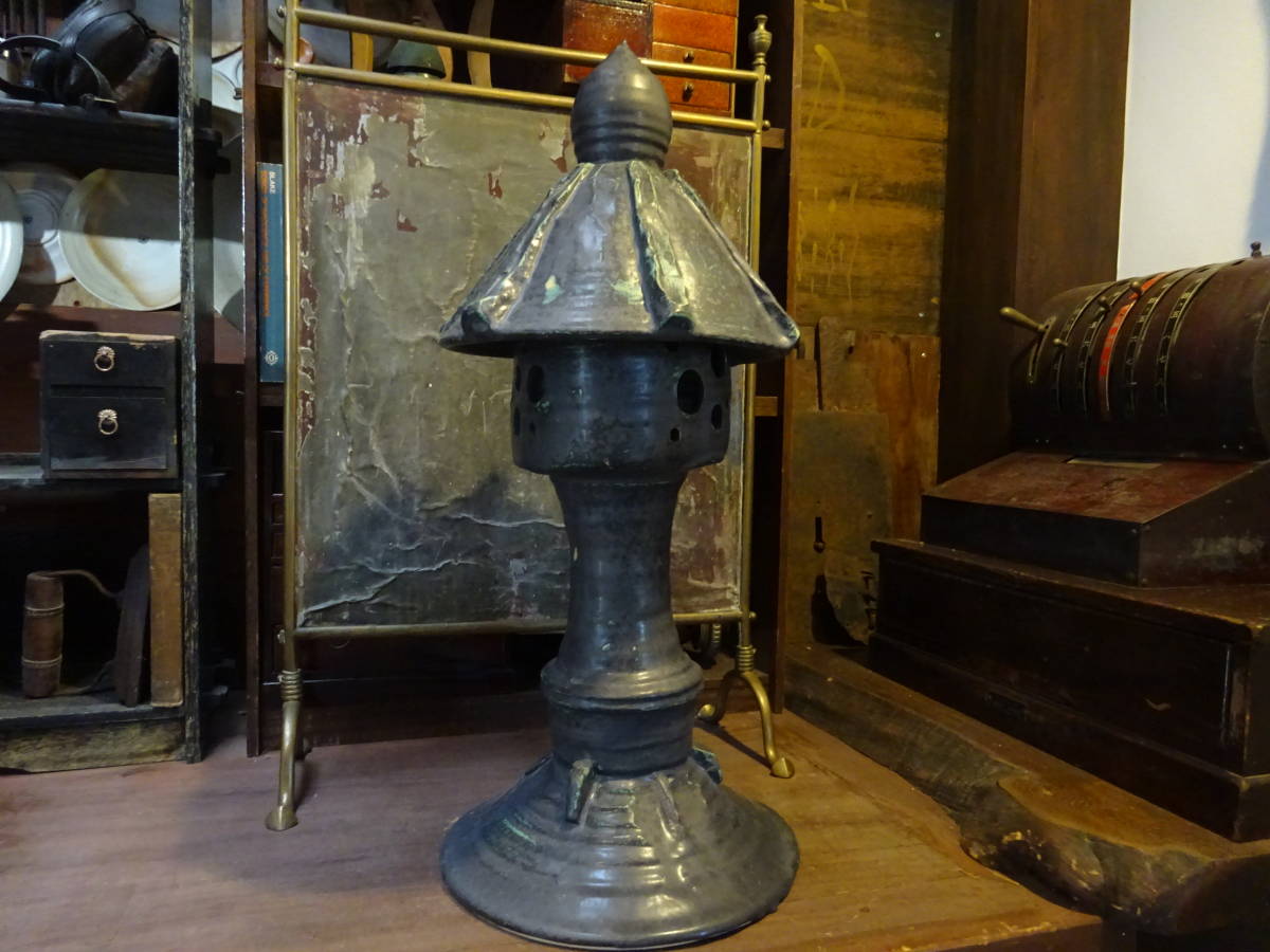 【高さ60cm銅緑釉灯篭】陶製燭台行灯蝋燭照明焼き物割烹庭園古民家旅館茶室美濃焼神社仏閣古道具アンティークインテリア骨董古民具 拍卖