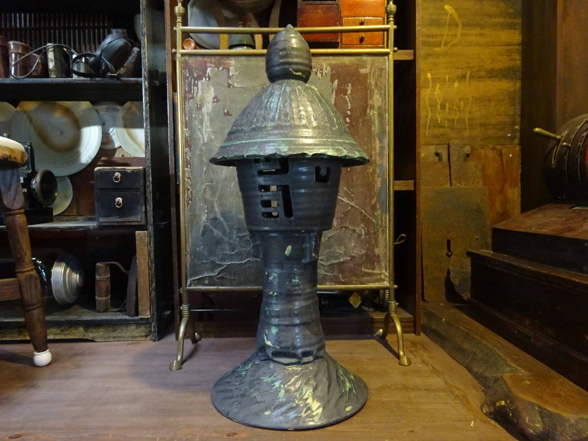 【高さ60cm銅緑釉灯篭】陶製燭台割烹庭園行灯蝋燭照明焼き物古民家旅館茶室美濃焼神社仏閣古道具アンティークインテリア骨董古民具 拍卖