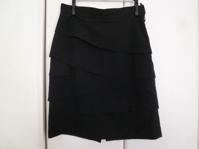 INED/イネド○黒4段フリルフォーマルタイトスカート7/ブラックフランドルミニフォーマル結婚式○S827拍卖