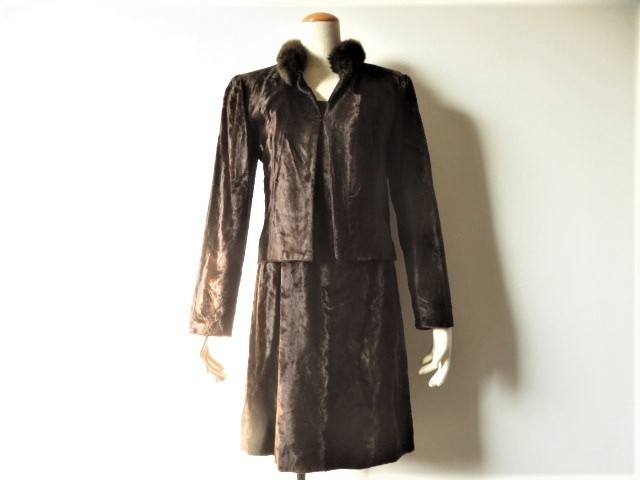 ■新品同様 上質美品【Lui Chantant】ルイシャンタン 高級 起毛 ワンピーススーツ 日本製【38】9号 M ブラウン 人口毛皮 スーツ s677拍卖