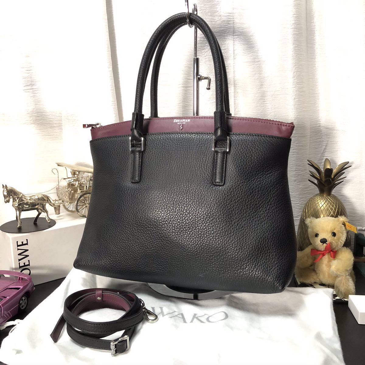 上質 高級 SERAPIAN セラピアン バイカラー レザー 本革 2WAY ハンドバック ショルダーバッグ クロスボディ拍卖