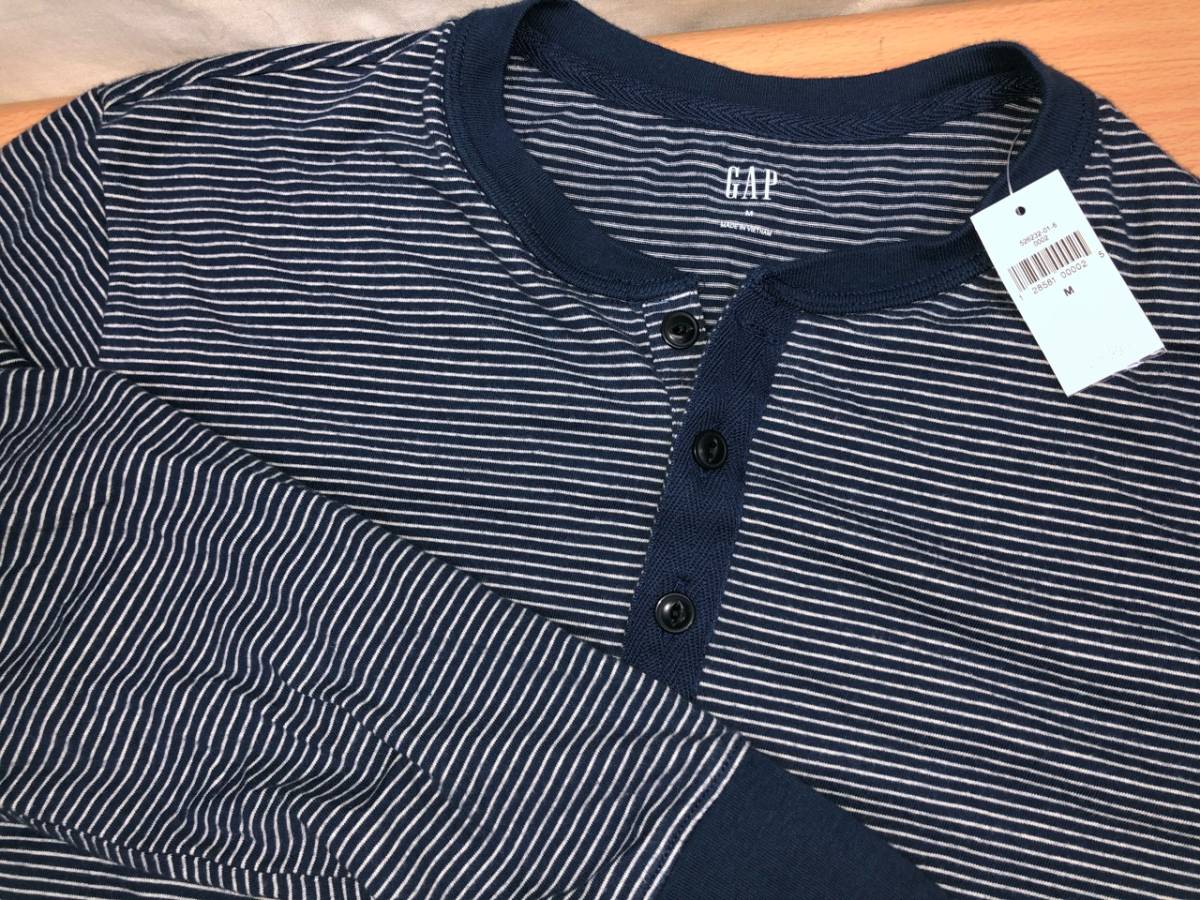 送料無料!長袖Tシャツ ヘンリーネック ボーダー 天竺 Dブルー M表示 L相当 GAP★未使用格安!拍卖