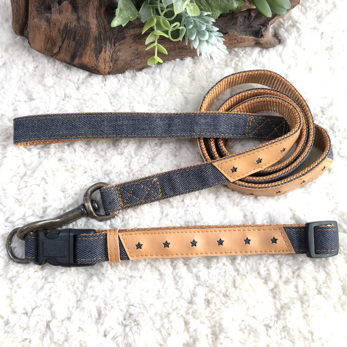 ★同梱お得★首輪&リード・中型犬・シックデニム-No.11・青♪拍卖