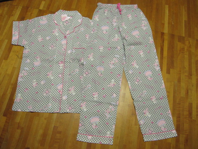 *送料無料*新品*M*マイメロディ*パジャマ*ブラックチェック*半袖前開ボタン+パンツ*楊柳*サンリオ*拍卖