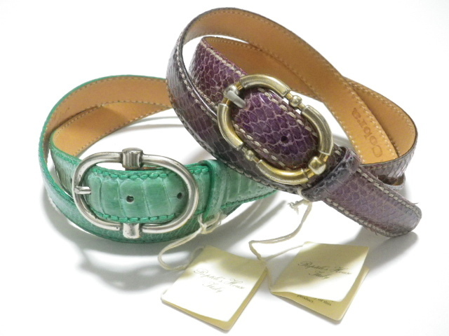 ■Reptiles's House/レプタイルズハウス■高級 緑オーストリッチレザー、訳有紫パイソンレザー ナローベルト 2本【100】各2.7万拍卖