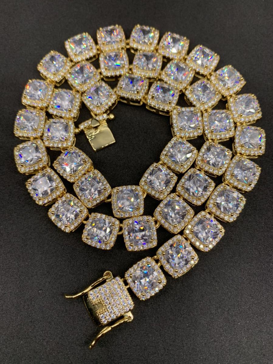 超大粒スクエア型 ゴールド ジルコニア テニスチェーン ブリンブリン ネックレス拍卖