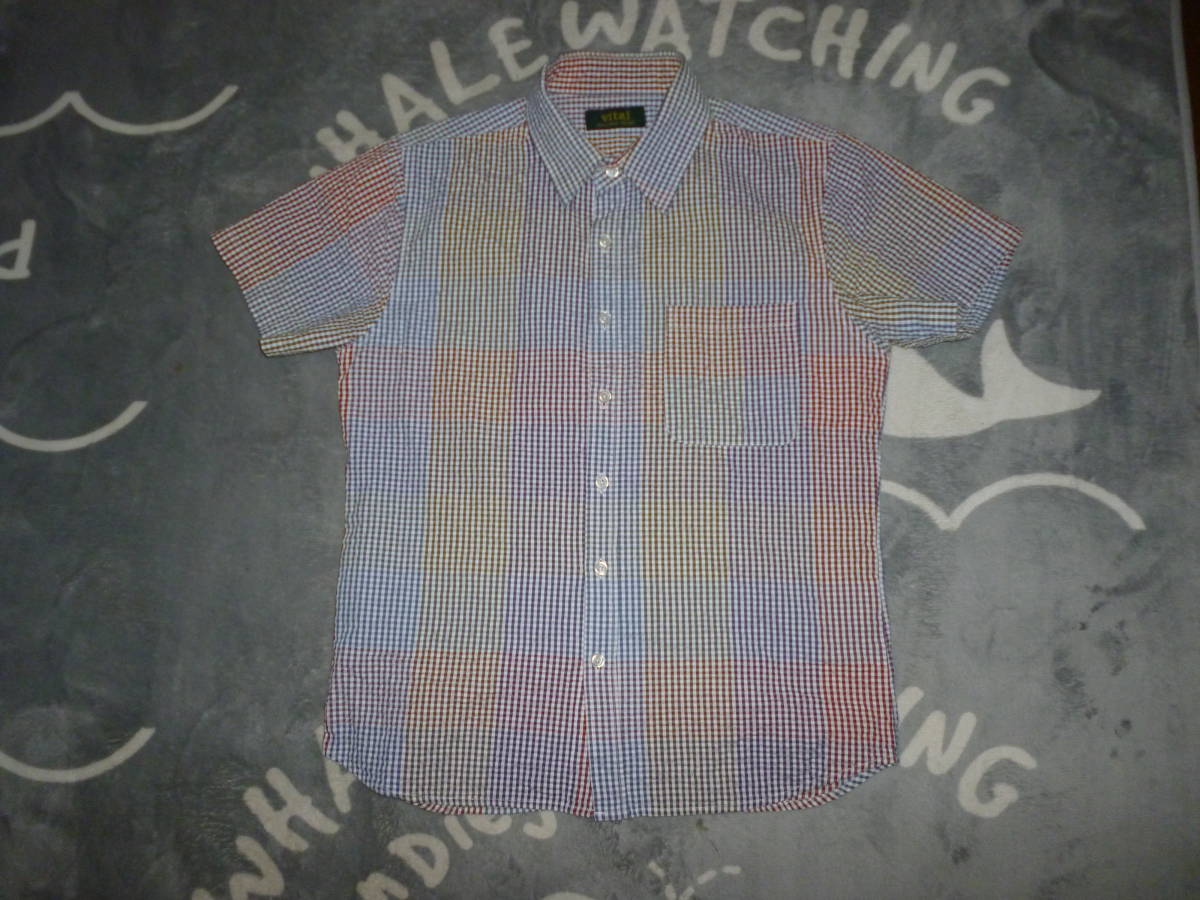 253-77♂ vital バイタル ムッシュニコル 半袖シアサッカーシャツ 色.多色ギンガムチェック サイズ.46 monsieur NICOLE拍卖