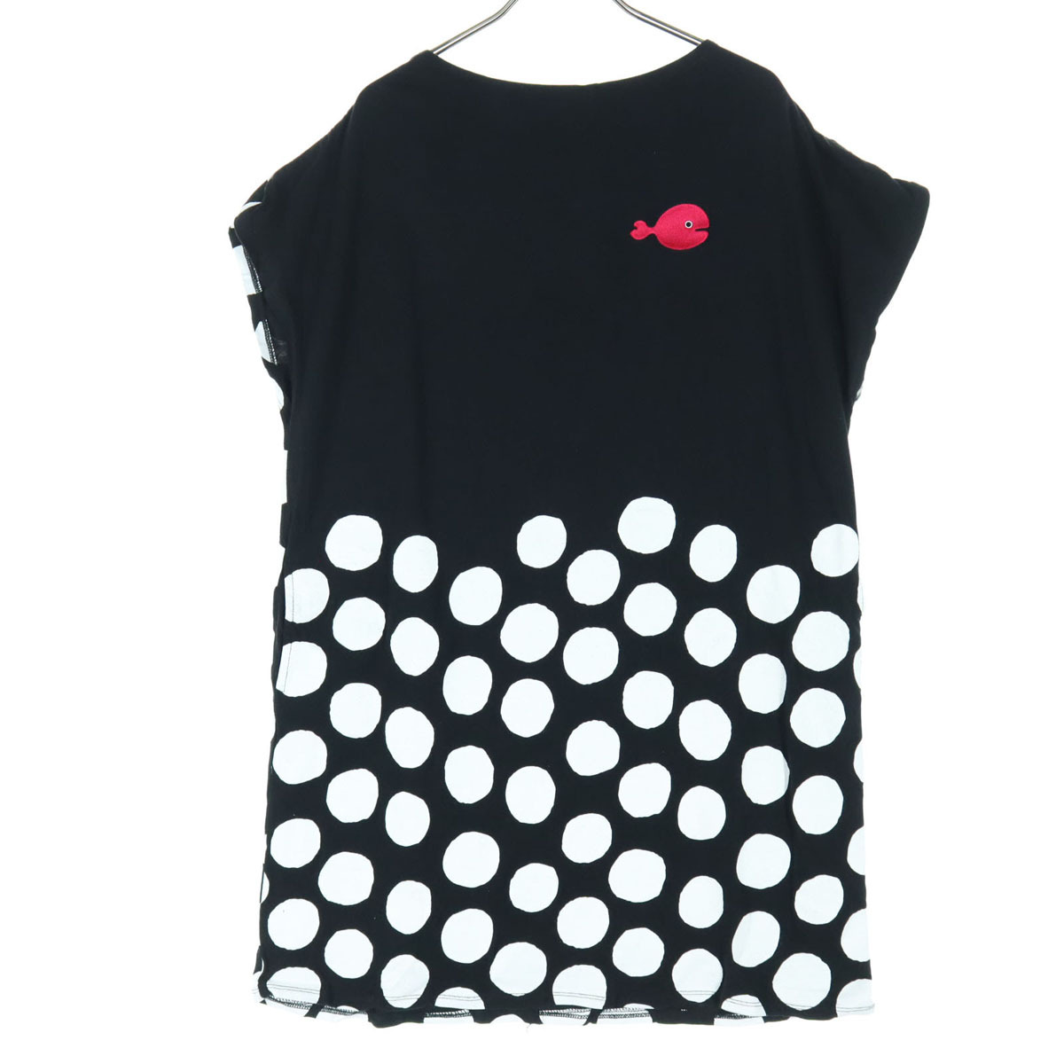 美品 Design Tshirts Store graniph デザインティーシャツストアグラニフ 水玉柄 フレンチスリーブ 膝丈ワンピース F ブラック レディース拍卖