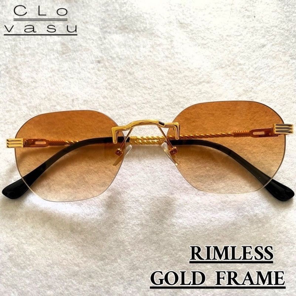 サングラス リムレス ラウンド型 オレンジ 薄色 ゴールドフレーム 男女兼用 軽量 ユニセックス おしゃれ 紫外線カット 室内拍卖