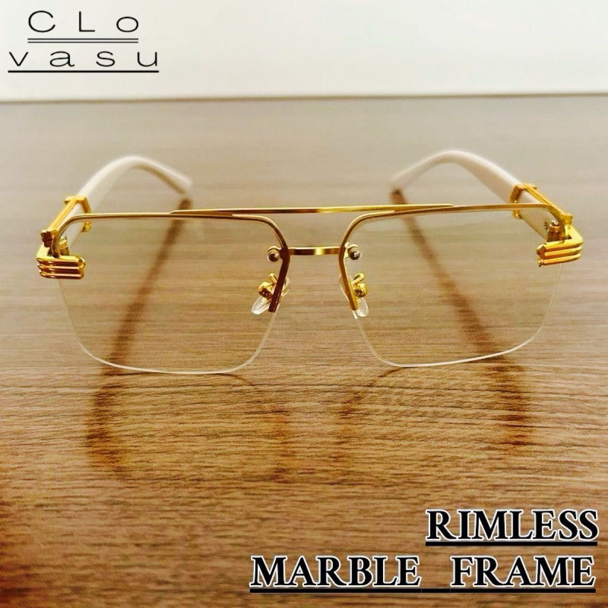 リムレスメガネ スクエア クリアレンズ 金フレーム マーブル柄 高級感 おしゃれ 伊達メガネ ユニセックス 韓国風 Y2K モード拍卖