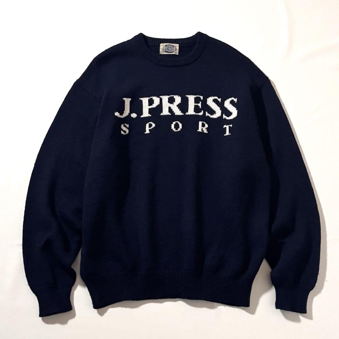 【美品】J.PRESS/ジェイプレス ニット セーター ビッグ ロゴ LL 大きいサイズ ウール100% クルーネック ネイビー 紺 アーカイブ拍卖
