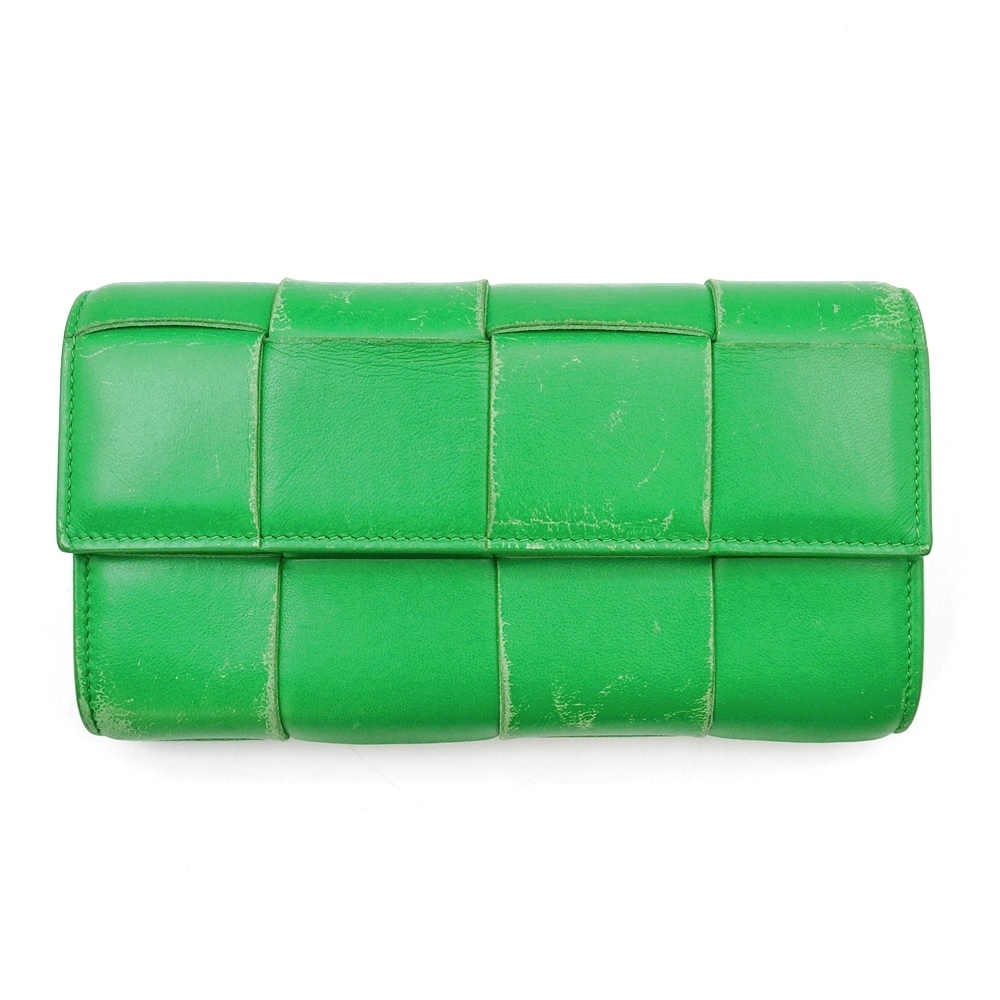 C25-1600 BOTTEGA VENETA ボッテガヴェネタ マキシイントレチャート ロングウォレット グリーン 長財布 小銭入れ ゴールド金具 レザー 中古拍卖