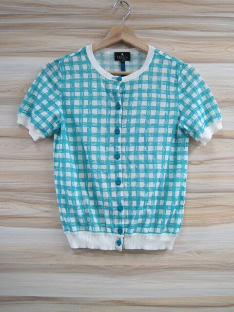 4726 LANVIN COLLECTION ランバンコレクション レディース 半袖 カーディガン グリーン系 ギンガムチェック柄 サイズ38 日本製拍卖