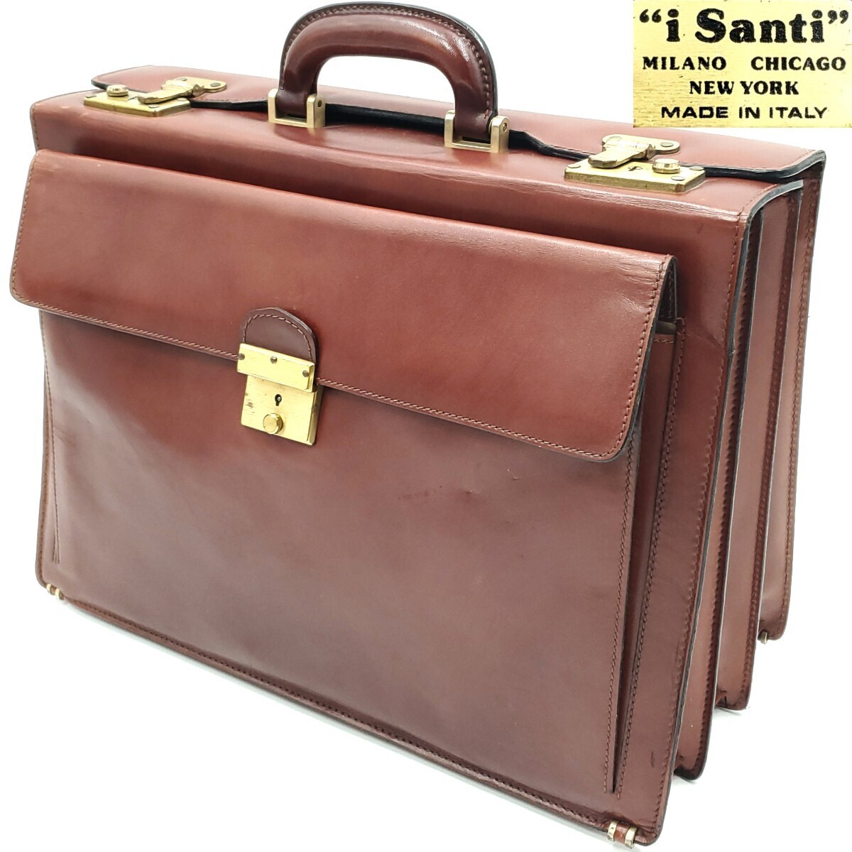 イタリア製★i santi★本革レザービジネスバッグ茶メンズ鍵付きイサンティ本皮ソフトアタッシュケースドクターダレス旅行トラベル鞄 SZB122拍卖